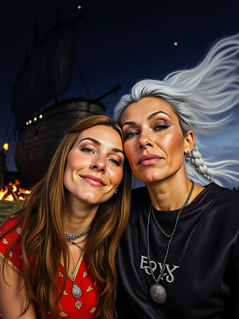 Two Viking warrior women sit closely together, sharing a fierce yet warm smile. One has long, wavy hair adorned with delicate braids and wears a bright red wool tunic, embroidered with tribal patterns. The other has short, straight hair, with rugged strands swept by the wind, and is dressed in a dark leather shirt engraved with runes. They are in a dimly lit camp, illuminated by the flickering flames of a campfire and the glow of sentry torches. In the background, the imposing silhouette of a longship looms, ready for battle. The atmosphere is both warm and mysterious, while their expressions reflect the camaraderie and shared strength of warriors ready to face any danger together.