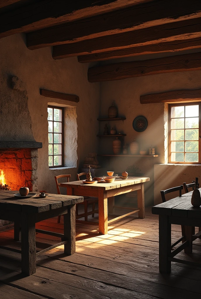 rural, Mediovale, au, Inside the house, humble, tables, cadeiras, dauer plates, quadratic, pivix
