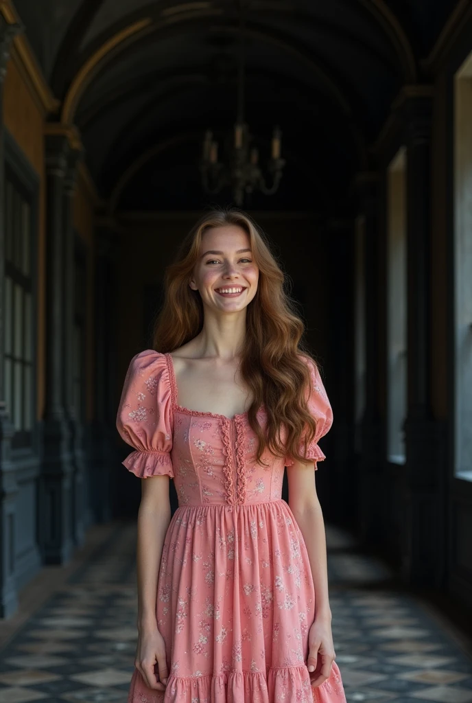 A far away image of an extremely beautiful woman, of Brown hair, eyes the color of honey, laughing , with freckles, small nose, full lips, very feminine features, dressed in a simple pink floral period dress, in the middle of a hallway in a completely black Victorian castle