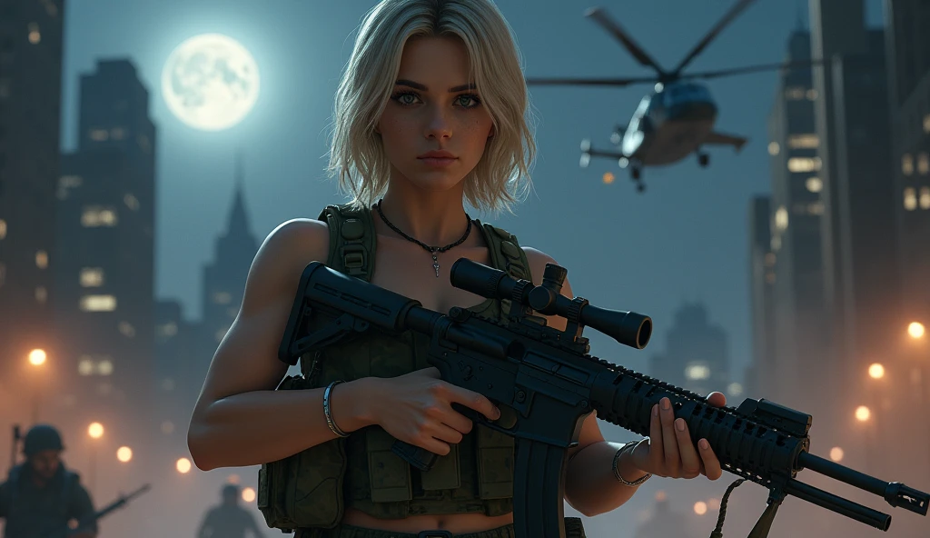 Es gibt eine Frau, who holds a weapon in a game, Videospiel-Screenshot>, Atemberaubender Screenshot, Gameplay immer noch, PC-Screenshot, Cyberpunk Angry Gorgeous Goddess, Videospiel-Screenshot, charakteristisch, Hochwertiger Screenshot, Post - Apokalyptisches Cowgirl, Halten Sie eine Strahlenkanone in der Hand, Sci-Fi-Gewehr in der Hand, Halten Sie eine futuristische Waffe in der Hand, eine riesige Waffe in der Hand, Screenshot aus dem Spiel