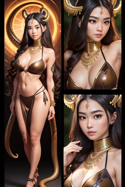 A young 15- yr Medusa's girl with Asian face features, charming face, perfect fullbody details, having large many snake pet, with a snake skin, body and hairs, (wavy hairstyles brown king cobra colors), ( having a dark skin tone texture masterpiece ), ( with many different poses, illuminating background Lights, crystalized glowing radiance all over, Large breasts, Covering Ears, Blush, Smile, Expressions, Nervous Smile, Crazy, Amber Eyes, Oral Invitation, Very Long Hair, brown king cobra Hair, Floating Hair, Wavy Hair, Tentacle Hair, Multiple Views, Tachi-e, Isometric View, Rotational Symmetry, Reference Sheet, Perspective, Collage, Fujifilm, Mole Under Mouth, Snake Hair Ornament, Bandage On, Hyperrealism, Cinematography, Jewelry, Masterpiece, Solo, Three Sided View, Character Sheet Full-Length, F/16, Social Media Composition,
