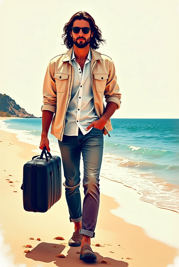 ((Pop Art,Watercolor)),A man walking along the beach with a travel bag,Abstract human silhouette,Abstract Background,Angle from the front,Casual and stylish,Pale colored jacket,Glasses,Long Hair, ((masterpiece, Highest quality, Highly detailed CG, unity 8k wallpaper )),(masterpiece, Highest quality, Highest quality, Official Art, beautiful),Very vivid,High-precision images,Ultra-high resolution,Poster Art,avert your eyes,CD jacket,(((Abstract modern design poster)))