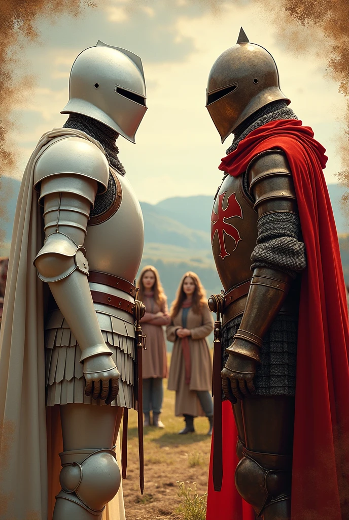 Two knights looking at the reader, one in white, the other in red, and the ladies in the background
### Fund Selection
**background-image:** Use an image that is reminiscent of a medieval or traditional setting, like a landscape of fields or hills in Goiás, or an aged parchment paper texture. This gives an authentic and historical atmosphere to the invitation..
**decorative patterns:** Add inspired patterns and