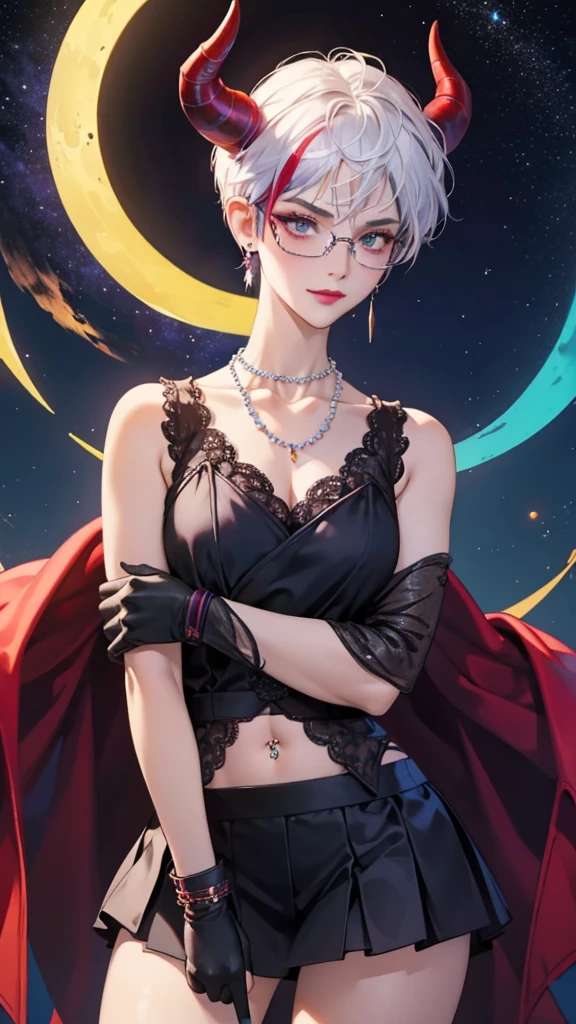 8k, masterpiece, best quality, highly detailed, 1 girl, tiefling, warlock, pixie cut, multicolored hair, very short straight hair red highlight hair on white hair, strippled hair, wearing glasses, round glasses, earrings, navel piercing, red eyeshadow, long eyelashes, blushed cheek, red lips, pearl necklace, rings, collarbone, mole on face, glamorous, teal and purple clothes, sleeveless, miniskirt, smirk, close up view, rings, looking at viewer, demon horns, solo, starry sky, pale blue moon, standing, boxing stance, demonic arms, chains on the background, black lace gloves, arms crossed.
