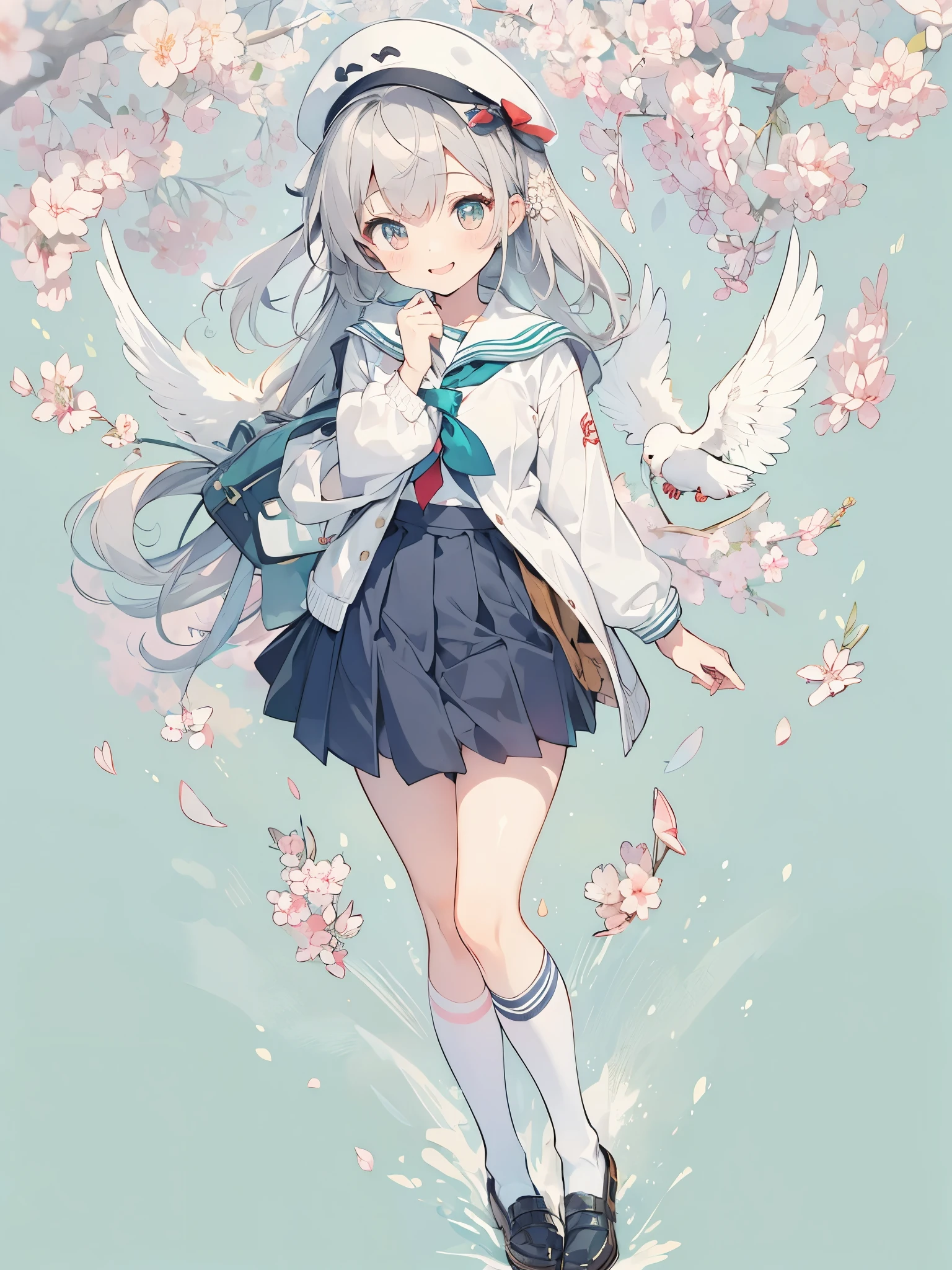 white background, full body,アニメ,Highest quality、Highest quality、Ultra-detailed、(masterpiece:1.2),Very absurd、4K,8k,sailor suit、green hear、white dove、On the way to school、View this Schoolgirl、Sailor suit、school uniform、arm behind back、naughty smile