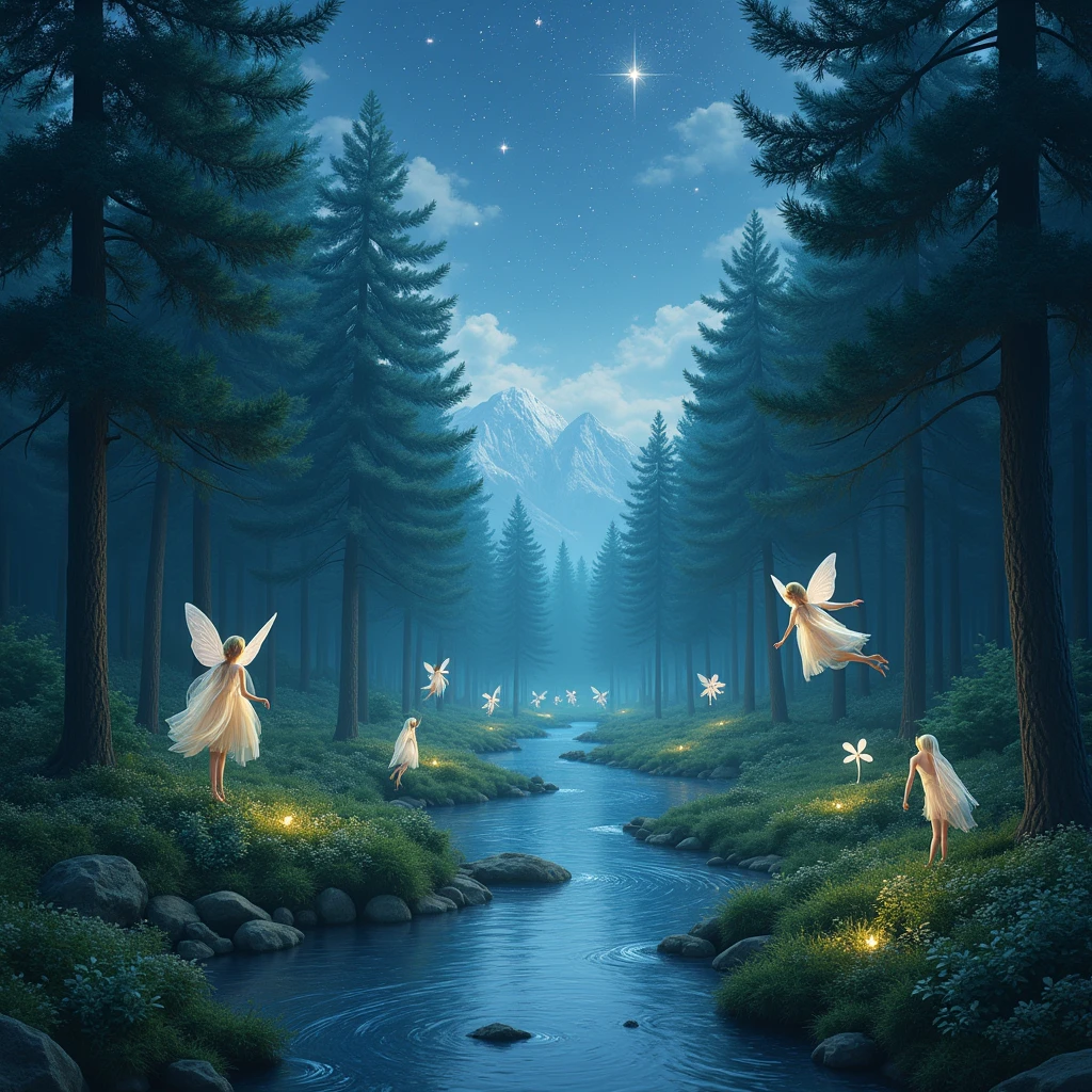 A large pine forest with fairies and nymphs fluttering around a large river and a very starry sky