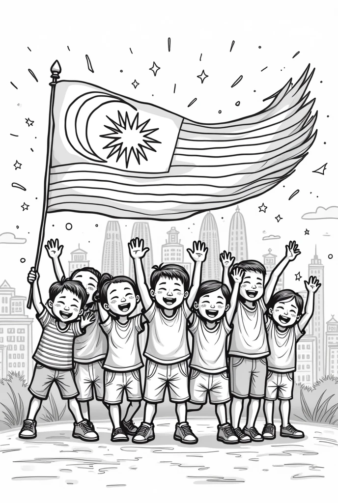 Create me a photo of hari merdeka for coloring contest for kids..i dont need any colours inside just a sketch of drawing 