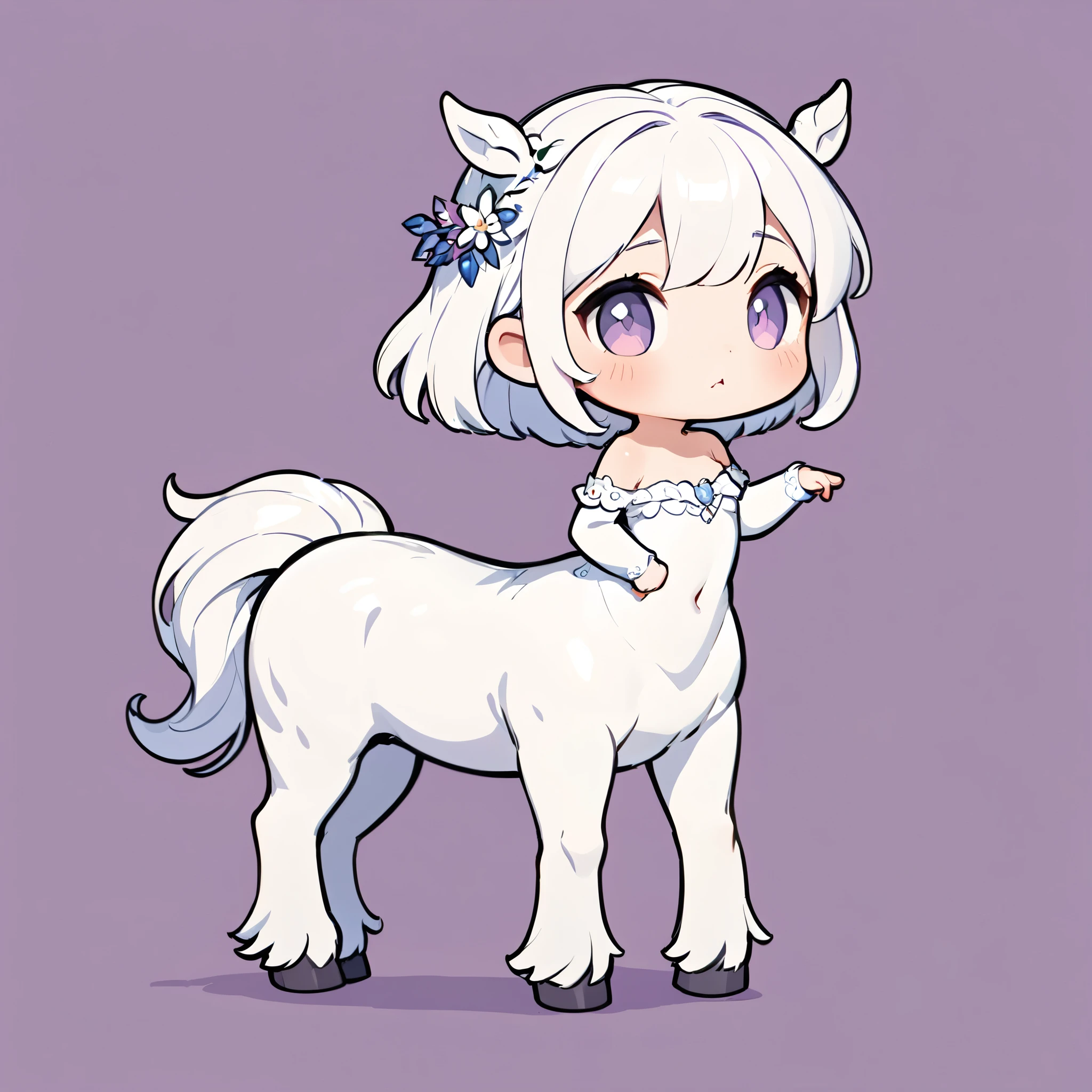 Centaur, 女性Centaur, Wearing a delicate off-the-shoulder dress, Chibi cute, チビCentaur, Mythical creatures, Cute pose, Single color background, Deformation, Highest quality:1.2, Very detailed, masterpiece:1.2.