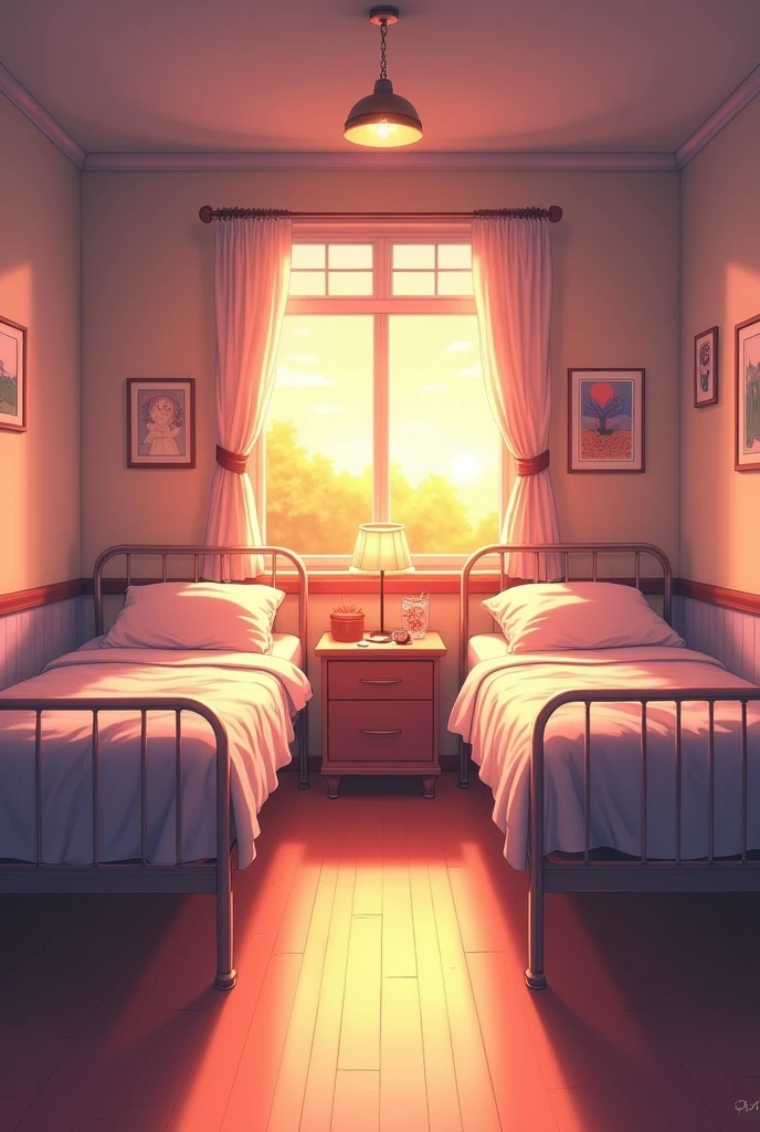 High School nurse's room in the evening with sunlight shining on the window. There is a romantic atmosphere. The room is spacious and has 2 hospital beds. anime art.