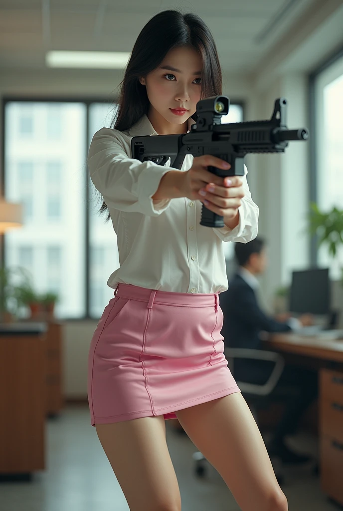 beautiful sweet office lady chinese white shirt pink nylon mini skirt standing legs spread hip shoulder firing rifle gun toting force grip aiming side target full portrait