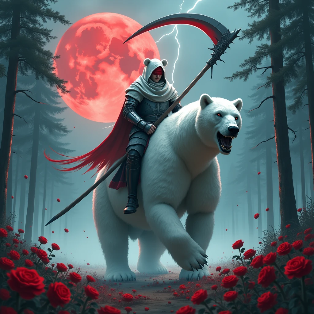 Godlike, in it a male knight with a white hood with bear ears holding a reaper scythe is riding a polar bear in a forest while the moon shines, many Roses cover the ground and lightning falls from the sky. The polar bear has black eyes and an aggressive appearance. Only the man wears a red blindfold. In the background of the picture is the blood moon. The forest is full of trees with leaves.