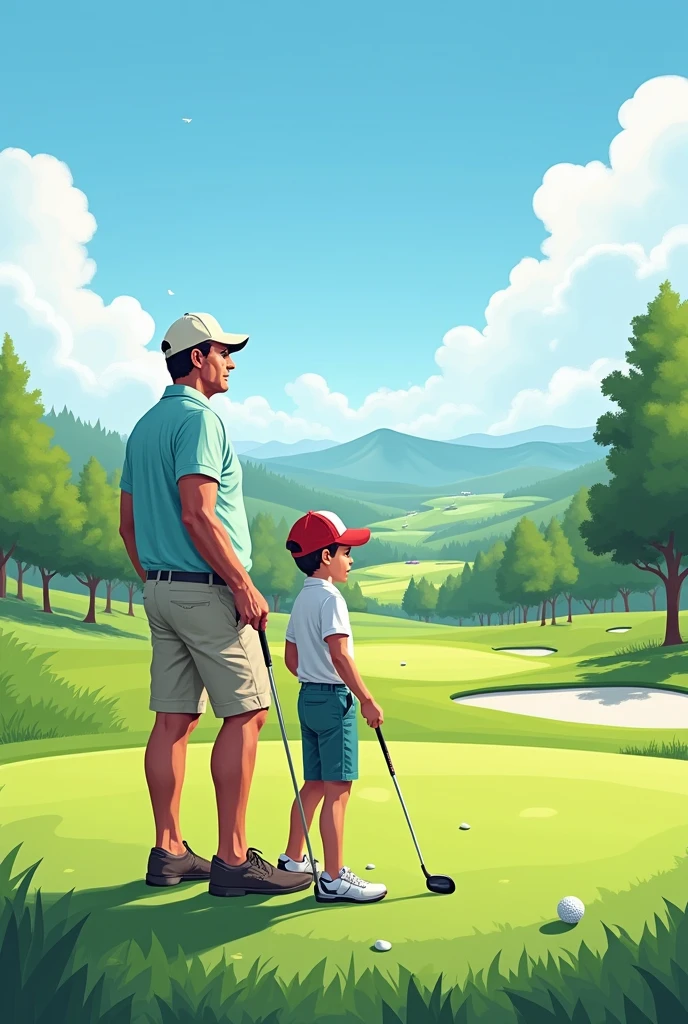illustration of a father and son playing a golf tournament as a couple on a golf course