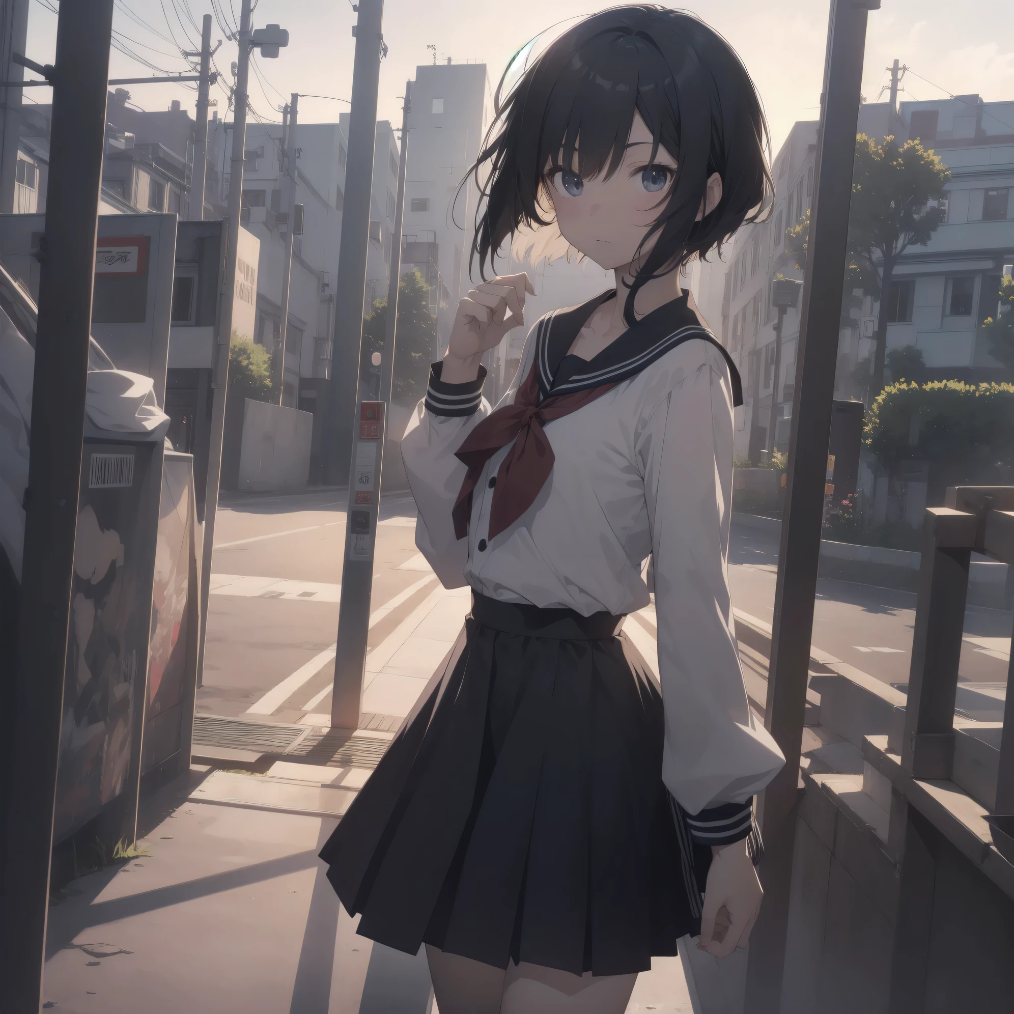 ultra-absurdres-Top quality by artist God, ultra-detailed, high resolution, anime moe artstyle, best anime 8k konachan wallpaper, pixiv contest winner, pool:2810, perfect anatomy,break, 1girl, (Please draw a girl walking sleepily to school alone. )break,(Solo,little female,:1.3),Full limbs, ,a junior high school student, (very short hair), short cut, flat chest, , small butt, small black eyes, beautiful detailed eyes, well-proportioned iris and pupils, expressive eyes, highres detailed hair, soft expression, salor school_uniform, sailor collar, serahuku, bow, pleated skirt,(Detailed Lighting), (Detailed background), in the School commute route. break,super detailed skin, Best cinematic lighting powered by famous artist, 8k,beauty illustration,photoshop_(medium),very aesthetic,break,((artist:takeuchi_takashi )), artist:clamp ,artist:carnelian ,artist:kantoku ,