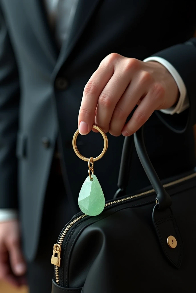 A small round keychain made from light green gemstone fragments in a teardrop shape is placed on an elegant black bag, held by a man dressed in stylish attire.