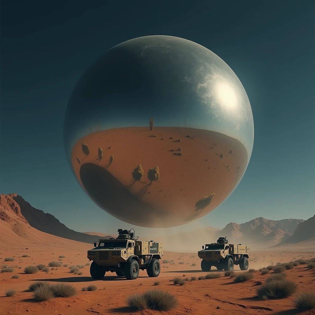 A massive smooth surfaced mirrored sphere hovers above the desert floor at night, military vehicles approach the sphere, photo realistic