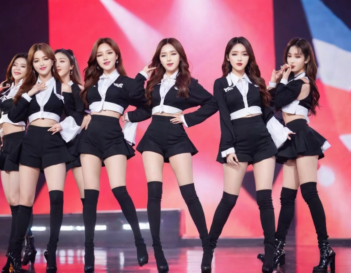 (Highest quality、4K、8k、High resolution、masterpiece:1.2)、Very detailed、(Genuine、Realistic、Realistic:1.3、Korean k-pop idol girls group dancing on stage、black under ware