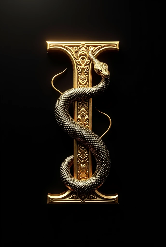 Create the letter I with gold details and a black and gold snake next to it. black backdrop.