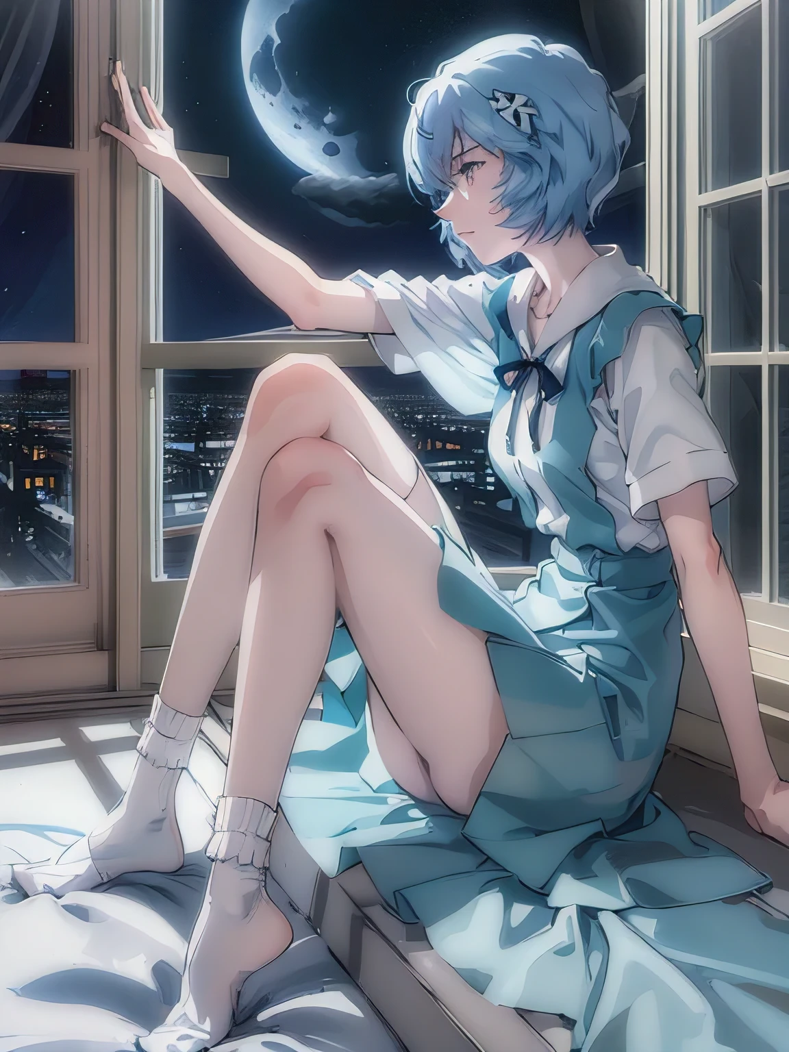 ultra-detailed, illustration, Beautiful Face, Beautiful body, (Rei Ayanami), Bluish silver short hair, (((One hand on cheek, Large windows, Open window, Leaning on the window frame, One foot on the window sill))), (Leaning forward), Tokyo-3 middle school uniform, black socks, ((Moon Background, The moon looks big:1.3, Gazing at the Moon:1.3)), ((Night:1.3)), View from inside the Hospital room, The lace curtains are swaying in the wind, Slightly slim body, face in profile, ephemeral Expression, extremely detailed eyes and face, photo with an 85mm camera, ((masterpiece, best quality, high resolution))