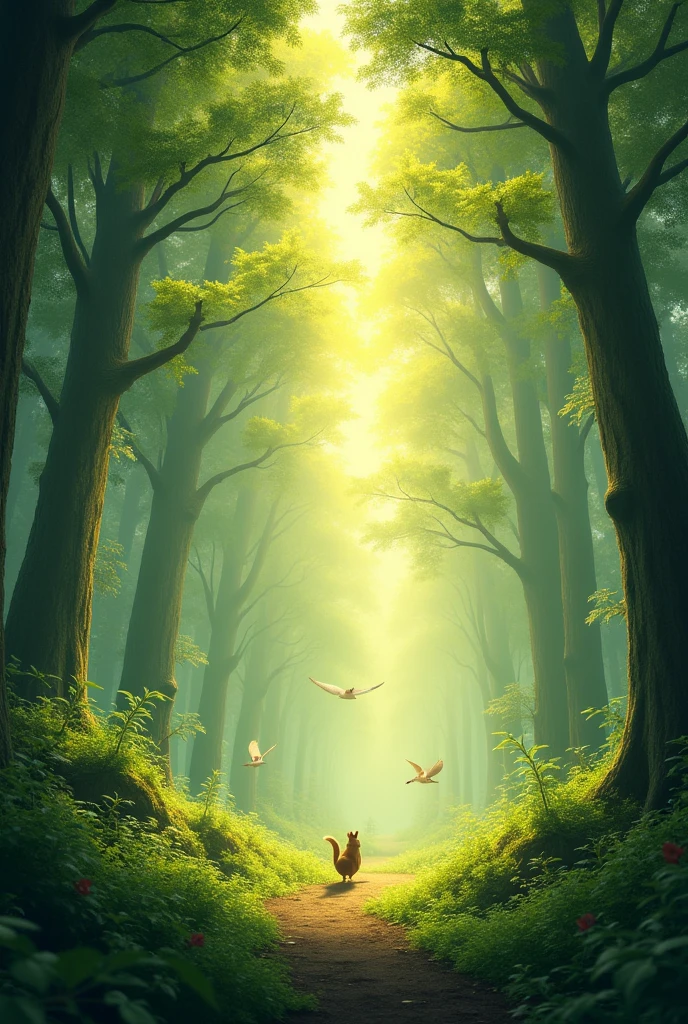Picture Prompt: A wide view of a lush, green forest with sunlight streaming through the trees. Birds are flying, and small animals like squirrels and rabbits are visible in the background