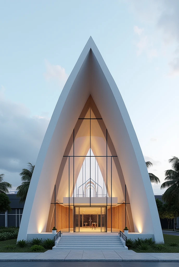 Exterior design , modern baptist church , in the northeast of Brazil , with glass frames ,simple, modernist lines and ultra-realistic minimalist , 4K , ultra realistic render 16:9