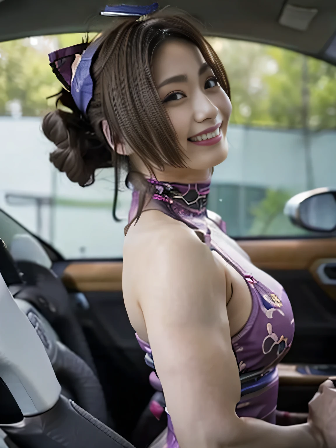 20 year old Japanese beauty，One woman、Muscular body like a bodybuilder、Emphasize the breasts、With a cat on his head、Slit eyes、A head-to-toe view，Bust is very very large、The background is inside the car、High quality photos、Clear, crisp images of the lower body、Masterpiece 8k、Smiling、Is doing a high kick、From the front, from the side, from the back, etc.々from what camera angle to shoot、Pink ninja costume