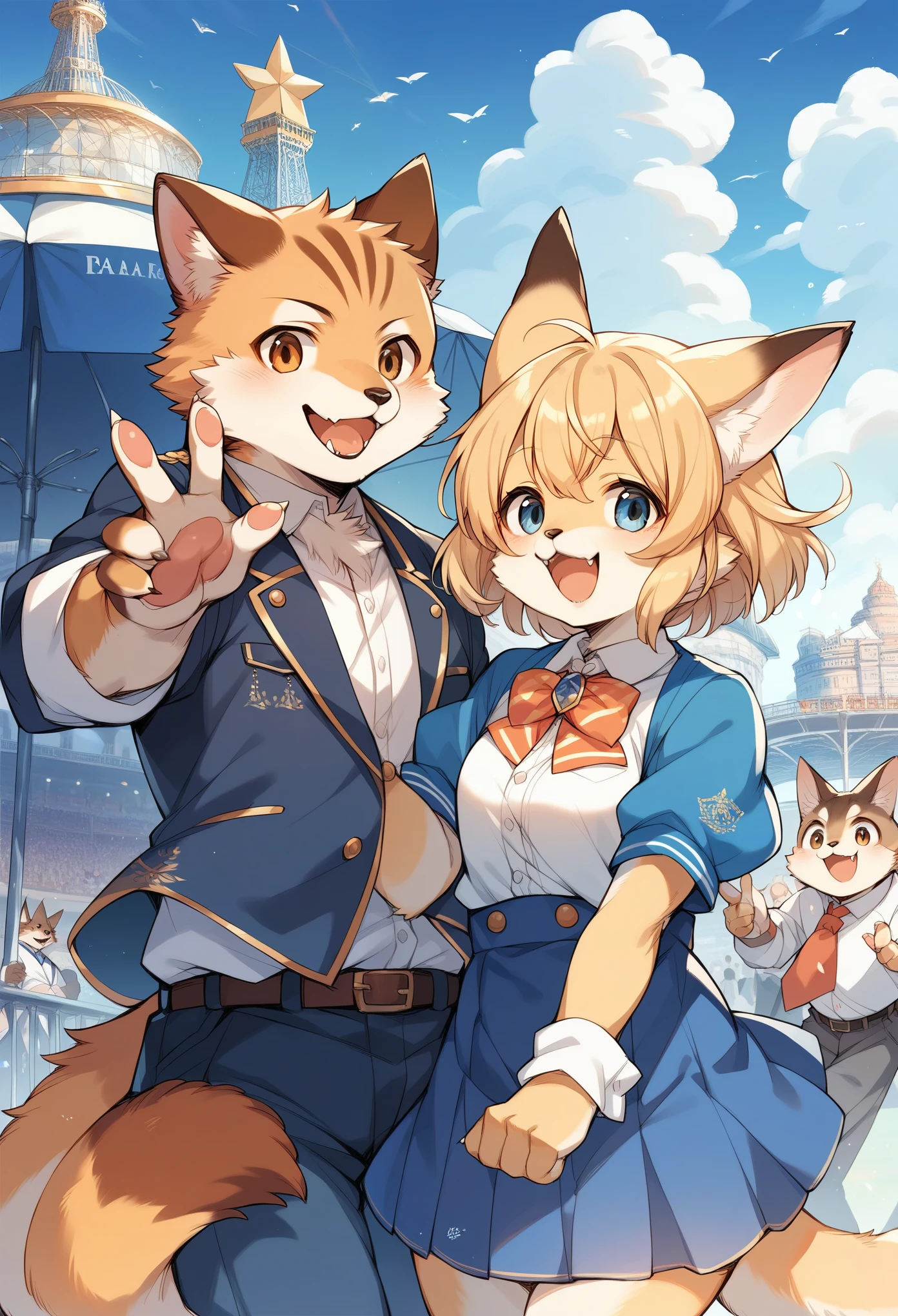 rating_safe, score_9, score_8_up, score_7_up, score_6_up, score_5_up, score_4_up, hires, highres, source_furry, cover page(kemono, furry anthro, boys, girls)amusement park, Disneyland, Happy, joyful, Photos taken with friends,