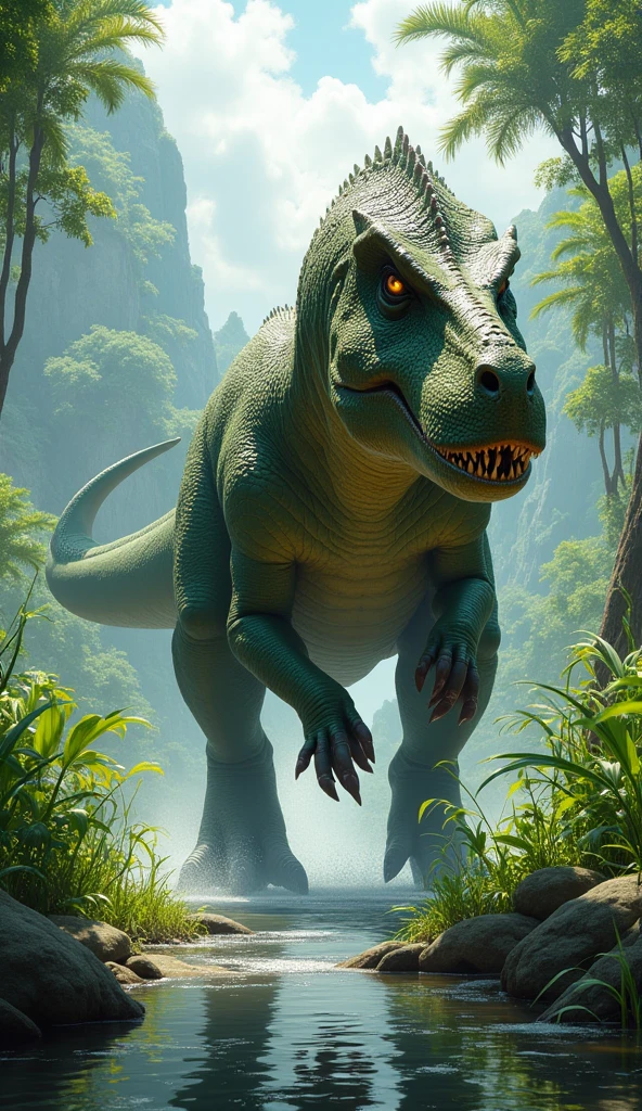 gernate a picture of dianasour of big and roaring and walking near river looking beautiful