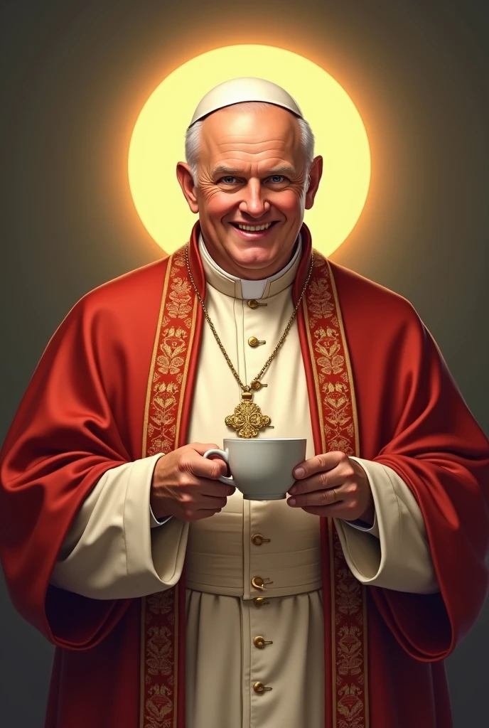 A beautifully drawn (((Saint John Paul the Second))), the iconic head of the Roman Catholic Church in the 21st century, first and foremost a spiritual leader, exuding a serene, holy demeanor, holding a ((cup of steaming coffee)) with a soft, welcoming expression on his face and a radiant glow around him. His attire is elegant and befitting his sacred office, as he embodies the essence of spirituality and faith, he is a little overwight