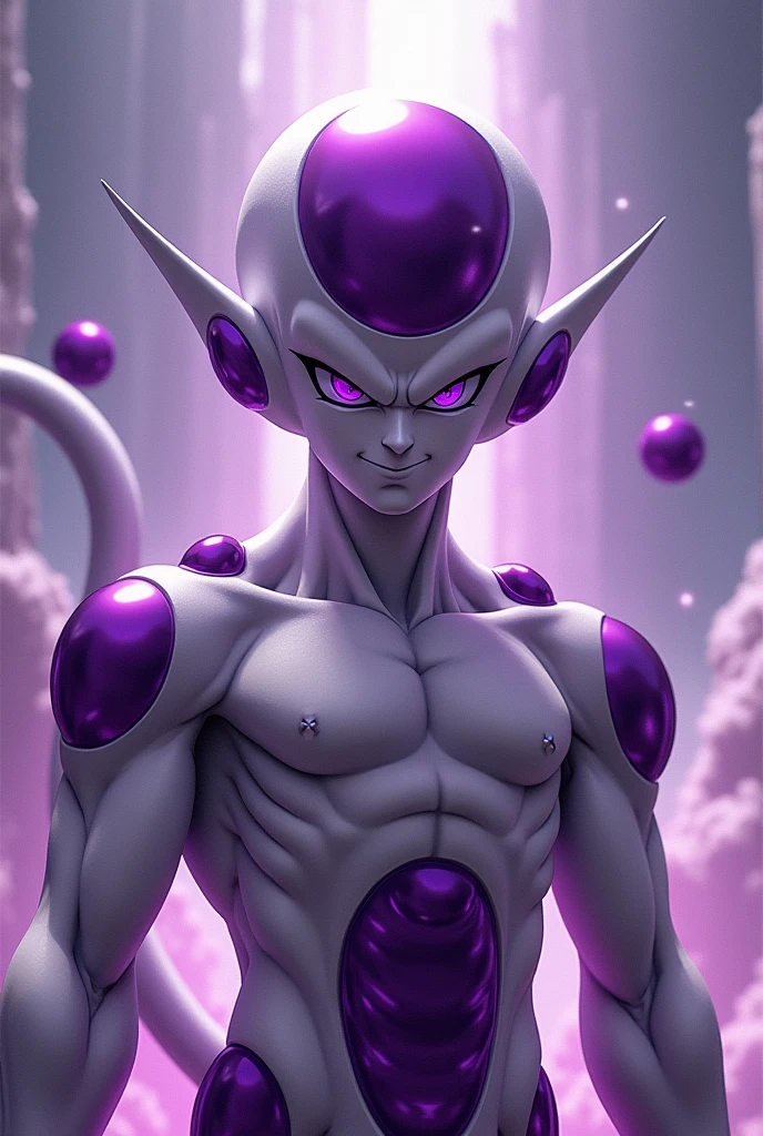 Frieza from dragon ball z that is of average height that has large purple pearls embedded in his head and shoulders that has a planet-killer smile that is white and has a tail that has purple eyes that has a small mouth that his face is anime removes floating purple pearls that the purple pearls are not above the shoulders that are embedded in the shoulders