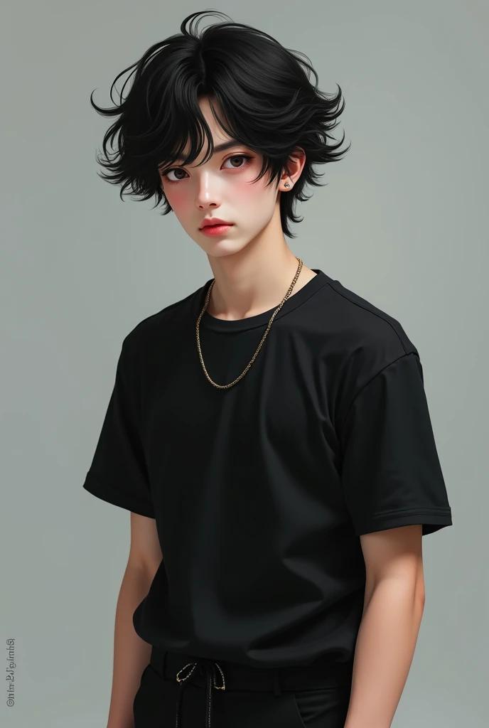 A beautiful boy. W czarnych flaffy hair. He has a black T-shirt and pants. Realistic 18yo