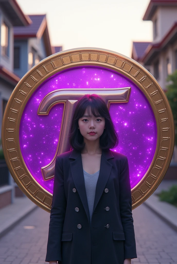 The girl stood facing forward., shoulder length hair, Asian, 2 handles Metallic purple background coin, Round gold outer rim with gold Pi in the middle of the coin, girl standing in the middle of the street, Around the girl are beautiful houses.
