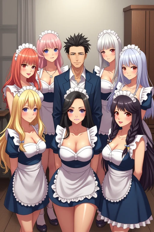 (masterpiece), highest quality, (10 girls, group photo:1.4), beautiful body, ((huge breasts))),(huge breasts),(saggy breasts))))), (white skin)), blonde hair, silver hair, twin tails, Braid, amount, ((leaning forward)), ((leaning forward)), (grinning face))),(put your hands behind your back), ((Maid clothes)), (Bedroom), ((leader is a man in standing in the middle)).