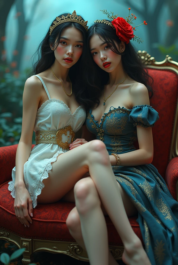 Hyper realistic all detailed two very beautiful and sexy women in the picture with flowers and a chameleon, the theme of alice smiling charmingly in the wonderful world, just like the beautiful alice in the wonderland showing off her beautiful white long legs, the theme of alice in the wonderland portrait, passionate charming long legs, fairy tale artwork, the portal of wonderland, Bright red blue theme, inspired by Alice Prin, from alice in wonderland, wonderland, Tone contrast. 3D, super detailed optical, optical, surreal, three-dimensional, dynamic light, 32K, HDR, UHD