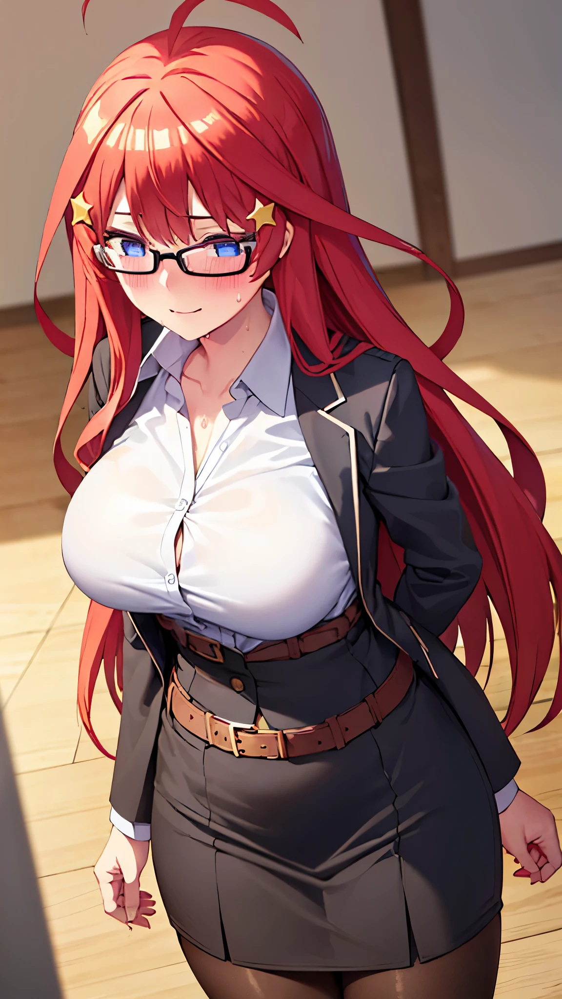 , , estilo mksks, detailed background, 1 girl, alone, ichika nakano, aged, mature woman, star hair ornament, by the wide, Red hair, He drowned, hits, hair amazing eyes, Horse tail, blue eyes, big breasts , chica de Office, red glasses, below, black suit jacket, collared jacket, white dress shirt, collar shirt, neckline, buttons, hugger, ID card on the neck., Black pencil skirt, black pantyhose, smile, blush, looking at the viewer,point of view(desde below), seductive, ashamed, Office, desk, computer, interior, ((sweat blush, big breasts, medium belt, Wide hips, medium thighs, good anatomy good hands, semi naked