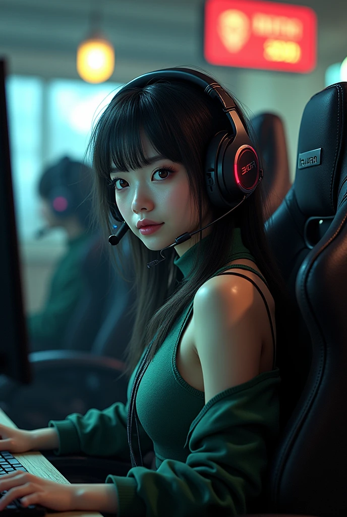 (8k, RAW photo:1.2), detailed face and eyes, high quality, high resolution, very detailed, internet cafe, wearing headset gaming, gaming outfit, sit in the gaming chair, single bare shoulder