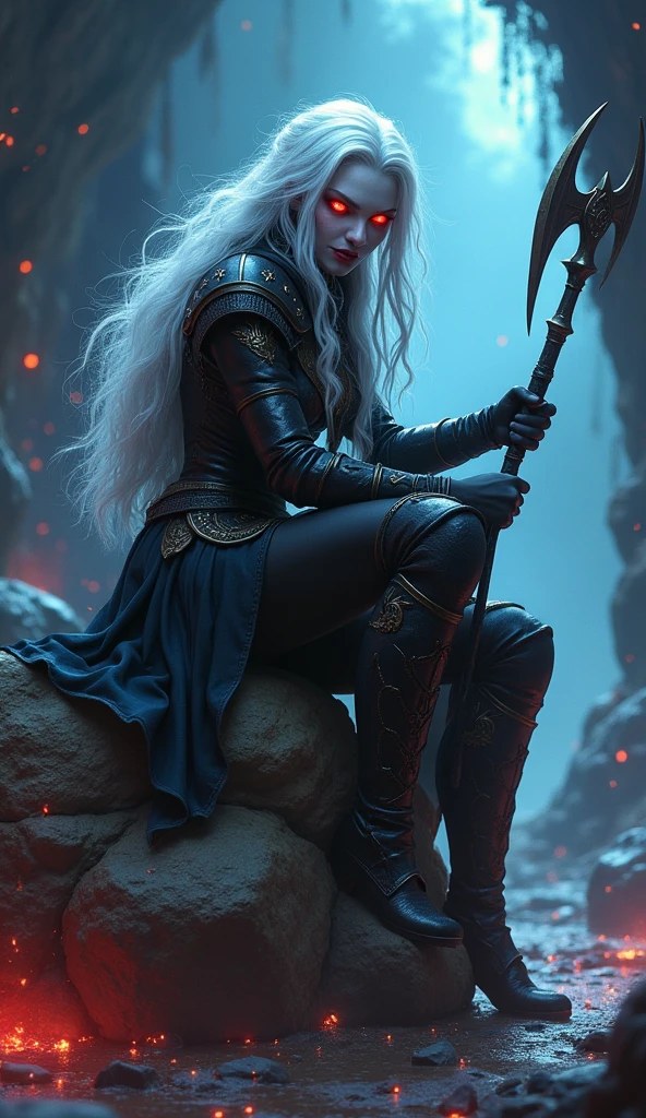 Drow female from baldur's gate, best quality, ultra-detailed CG unity 8k wallpaper, sitting on a boulder, high resolution, dynamic pose, beautiful face, (dark warrior attire, red eyes), depth of field, underdark setting, magic light), vicious grin, (high fantasy) (white Hair, long flowing hair), weilding a mace