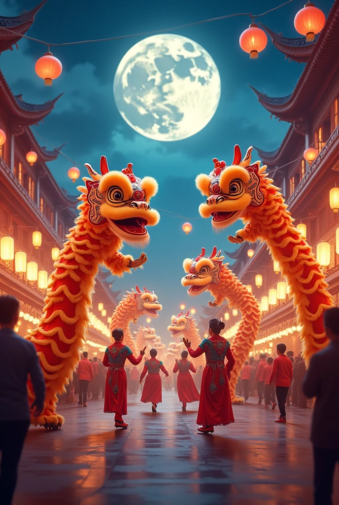 Lion dance and dragon dance have fun under the full moon