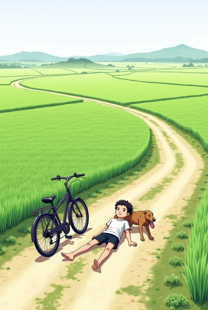 Can you give a drawing of a boy laying on the ground with a bike on a dirt road in the rice field and a dog bite his leg