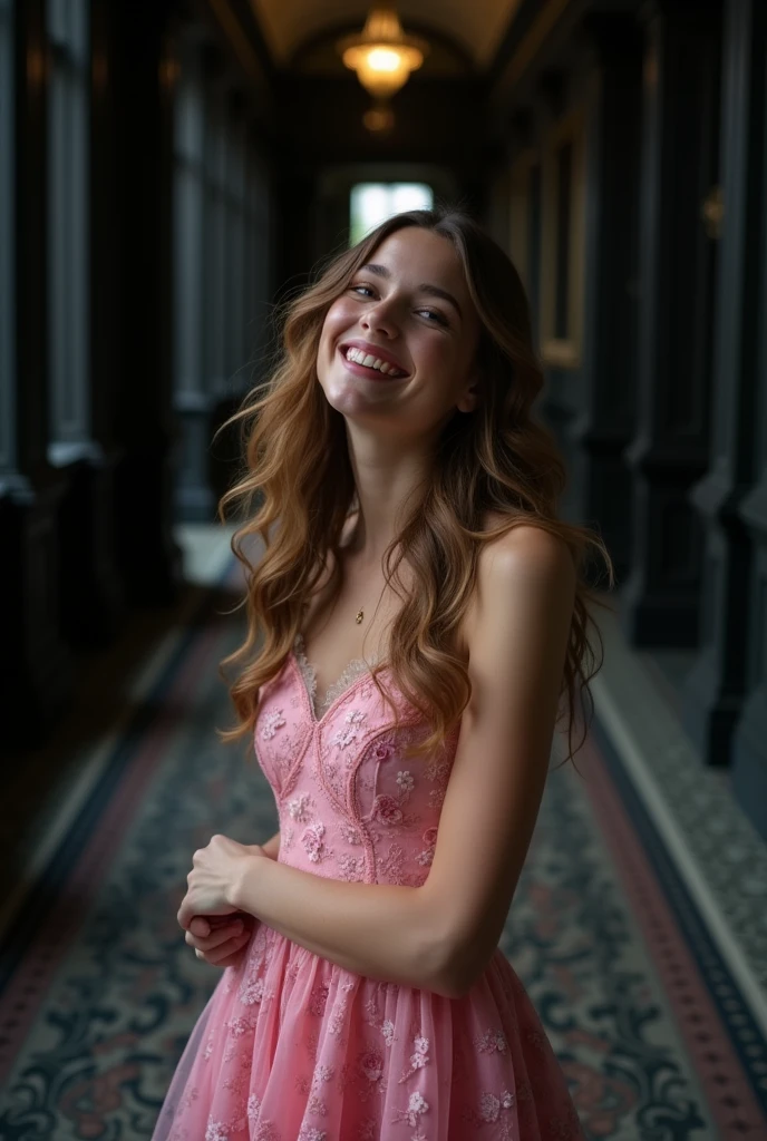 A far away image of an extremely beautiful woman, of Brown hair, eyes the color of honey, laughing , with freckles, small nose, full lips, very feminine features, dressed in a simple pink floral period dress, in the middle of a hallway in a completely black Victorian castle