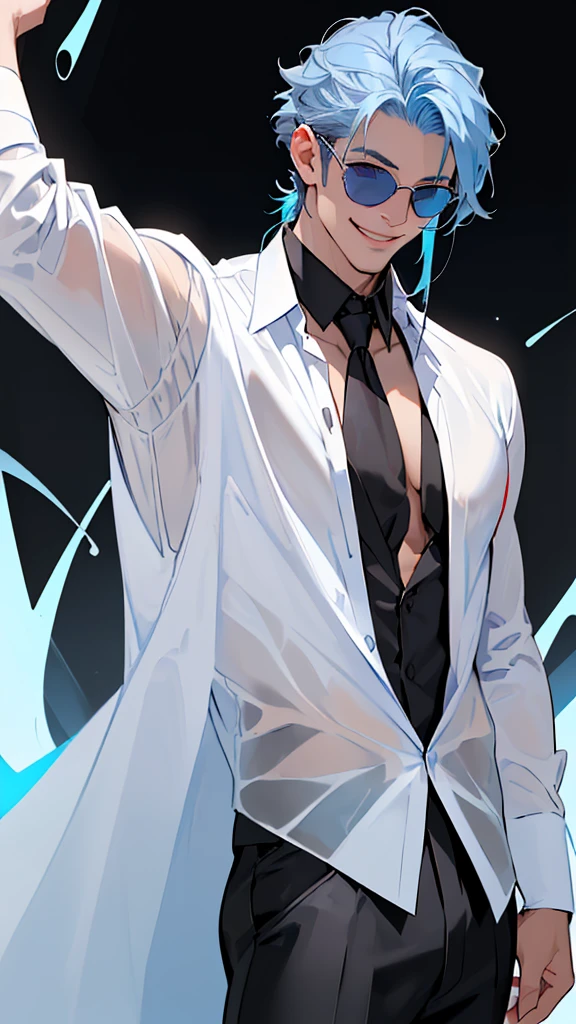 (((Black suit、White open shirt、Long, smooth, blue hair that reaches down to her back、Eyes showing through sunglasses、Handsome man smiling and looking at camera、Hair up to the neck)))、