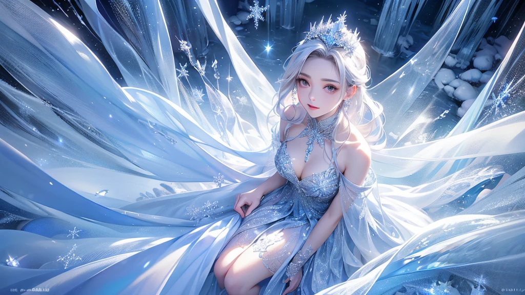 (Above the knees photo:1.5)wood, intricate mini ice spikes and crystals, A frozen waterfall in the background, Light reflected by ice crystals, Flowing snowflakes.1girl, pretty girl,A realistic person,Beautiful cleavage,((Small breasts)), Long dress、clear, Satin dress
