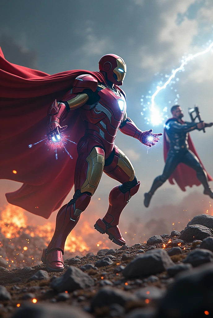 detailed highly detailed battle scene between iron man and thor, cinematic composition, dynamic action poses, iron man in armor with glowing repulsor beams, thor wielding mjolnir hammer, sparks and lightning, dramatic lighting, cinematic camera angles, epic scale, photorealistic, 8k, unreal engine, seamless integration, hyper realistic textures, volumetric lighting, atmospheric depth, cinematic color grading, dramatic color palette, moody shadows, heroic intensity