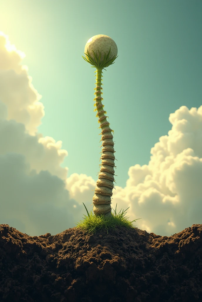 A seed sprouts from the soil, with soil at the bottom and clouds above. The seed grows a spinal cord
