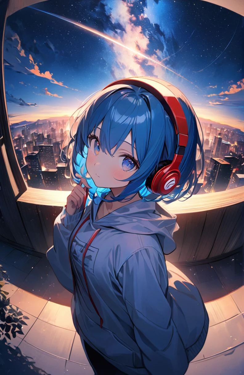 ((Amazingly absurd)),超High resolution, Attention to detail, high quality, High resolution, 最high quality, 4K, 8k、1 pretty girl、Blue Hair、White hoodie、Red headphones、Night view、Starry Sky、Fisheye Lens