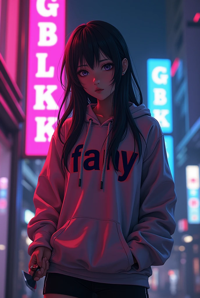 Create a character anime, {{background: capital text “GLBK”, night city}}, tanned skin,
realistic, HDR, handsome, japan style, full body, use deagger, age 20, hoodie HD text: “FANY”, female, long hair