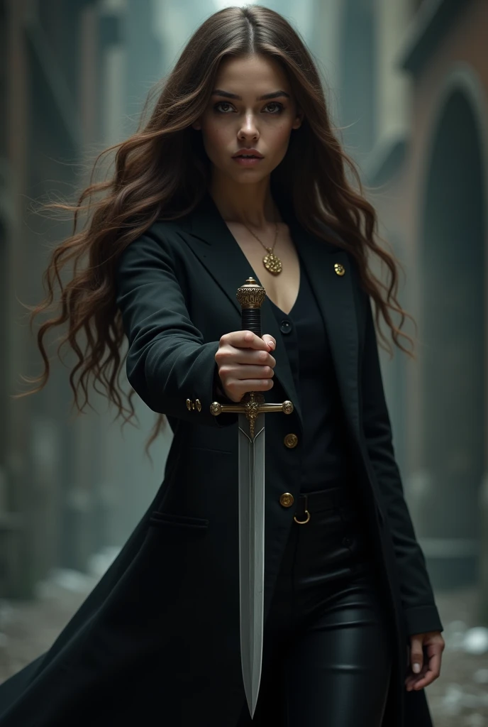 Creates a brunette lawyer in a position of authority, elegante, Hyper realistic background with the symbol of justice, a mulher cega segurando a espada.