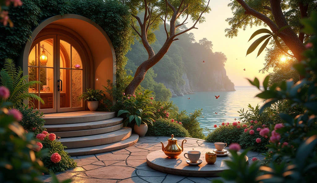 A magical courtyard in front of an elegantly designed house with soft, curved architecture, located by the sea in a lush jungle. The setting sun filters through the canopy, casting a golden glow over the scene. A cozy tea setup with delicate porcelain cups and a teapot is placed on a stone table surrounded by flowering plants and ferns, with the sea breeze rustling through the leaves. Enchanting Evening Retreat. Envision a cozy courtyard by a beautiful, fairy-tale house, The house glows with a cozy light, nestled in a garden teeming with diverse flowers and bushes. The garden is alive with colors and textures, from delicate blossoms to thick, leafy foliage. The setting sun bathes the scene in a warm, ethereal glow, with a tea table perfectly placed to enjoy the peaceful ambiance. A cozy tea setup with delicate porcelain cups and a teapot is placed on a stone table surrounded by flowering plants. masterpiece, Best Quality, (highly detailed CG Unity 8k wallpaper), (Best Quality), (Best Illustration), (BEST SHADOWS), Natural elements in the forest theme. mysterious forest, Beautiful forest, nature, surrounded by flowers, delicate leaves and branches surrounded by Fireflies (Natural elements), (Jungle theme), (leaves), (branches), (Fireflies), (particle effects), etc. 3D , Octane Rendering, Ray Tracing, super detailed