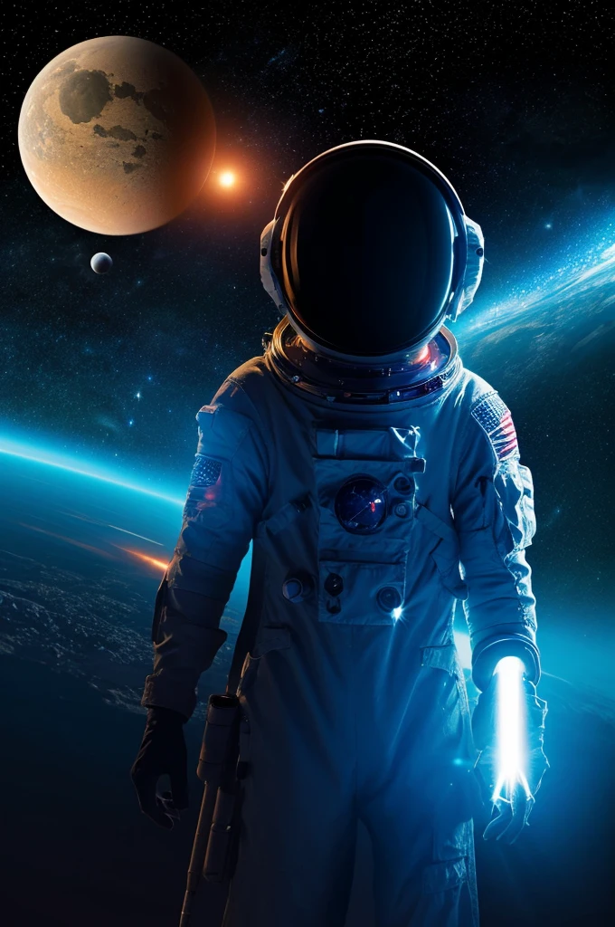 Create an illustration for a science fiction book about an astronaut waiting for a spaceship to land on a planet, Explosion of another planet is visible in the night sky