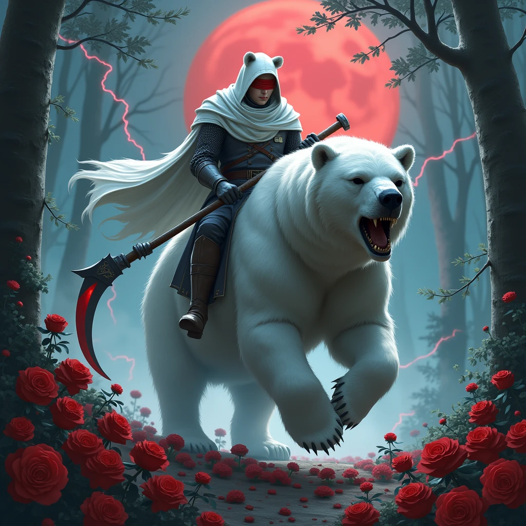 Godlike, in it a male knight with a white hood with bear ears holding a reaper scythe is riding a polar bear in a forest while the moon shines, many Roses cover the ground and lightning falls from the sky. The polar bear has black eyes and an aggressive appearance. Only the man wears a red blindfold. In the background of the picture is the blood moon. The forest is full of trees with leaves.