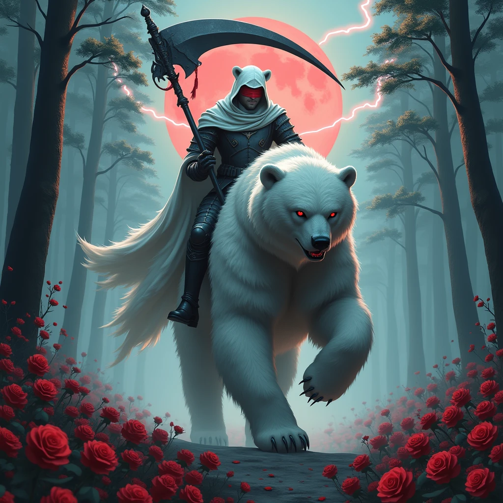 Godlike, in it a male knight with a white hood with bear ears holding a reaper scythe is riding a polar bear in a forest while the moon shines, many Roses cover the ground and lightning falls from the sky. The polar bear has black eyes and an aggressive appearance. Only the man wears a red blindfold. In the background of the picture is the blood moon. The forest is full of trees with leaves.